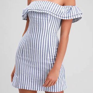 Seaside Skipper Blue Striped Off-the-Shoulder Dress